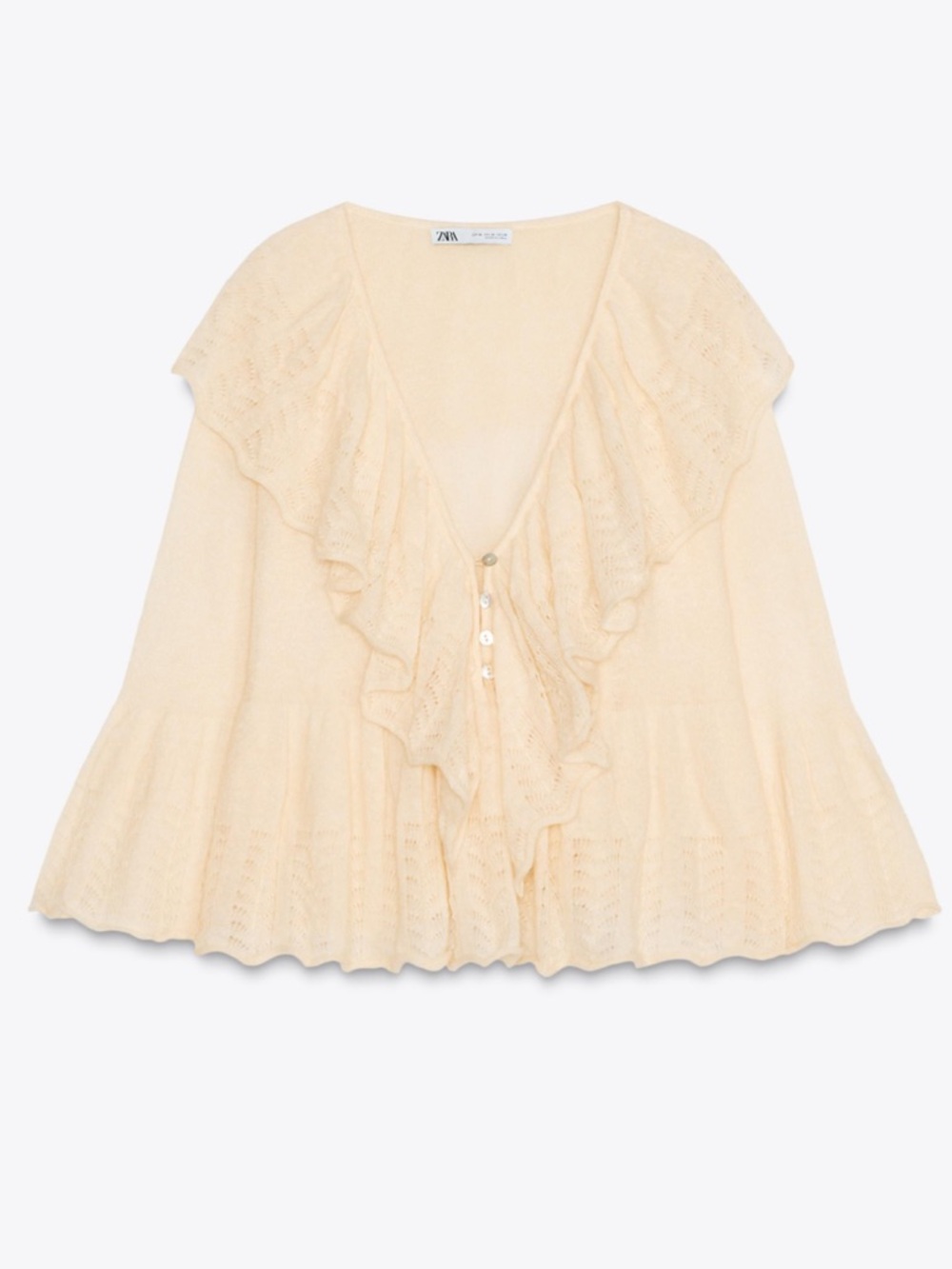 Zara Cream Ruffle Knit Button-Front Blouse